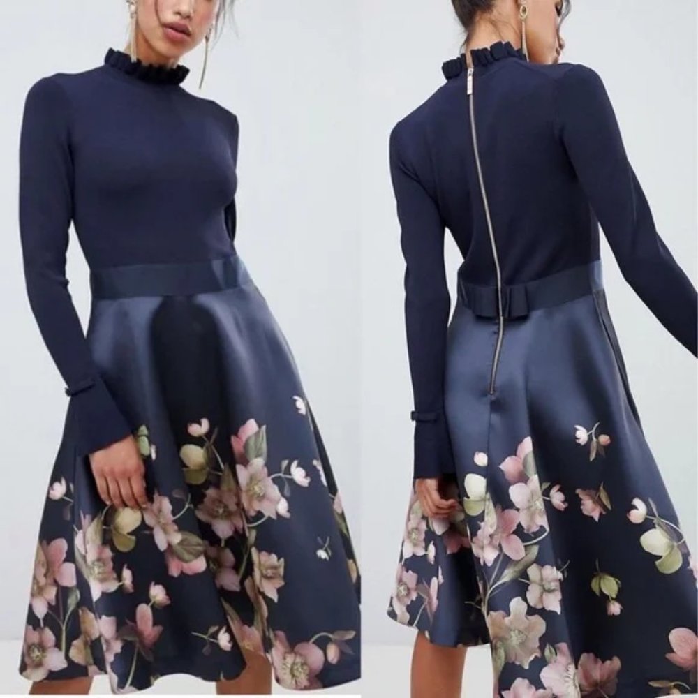 Ted Baker Seema Arboretum Knitted Bodice Dress Navy Sz 3
